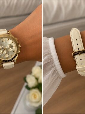 Coach Gold-Tone Chronograph Watch with Cream Leather Strap